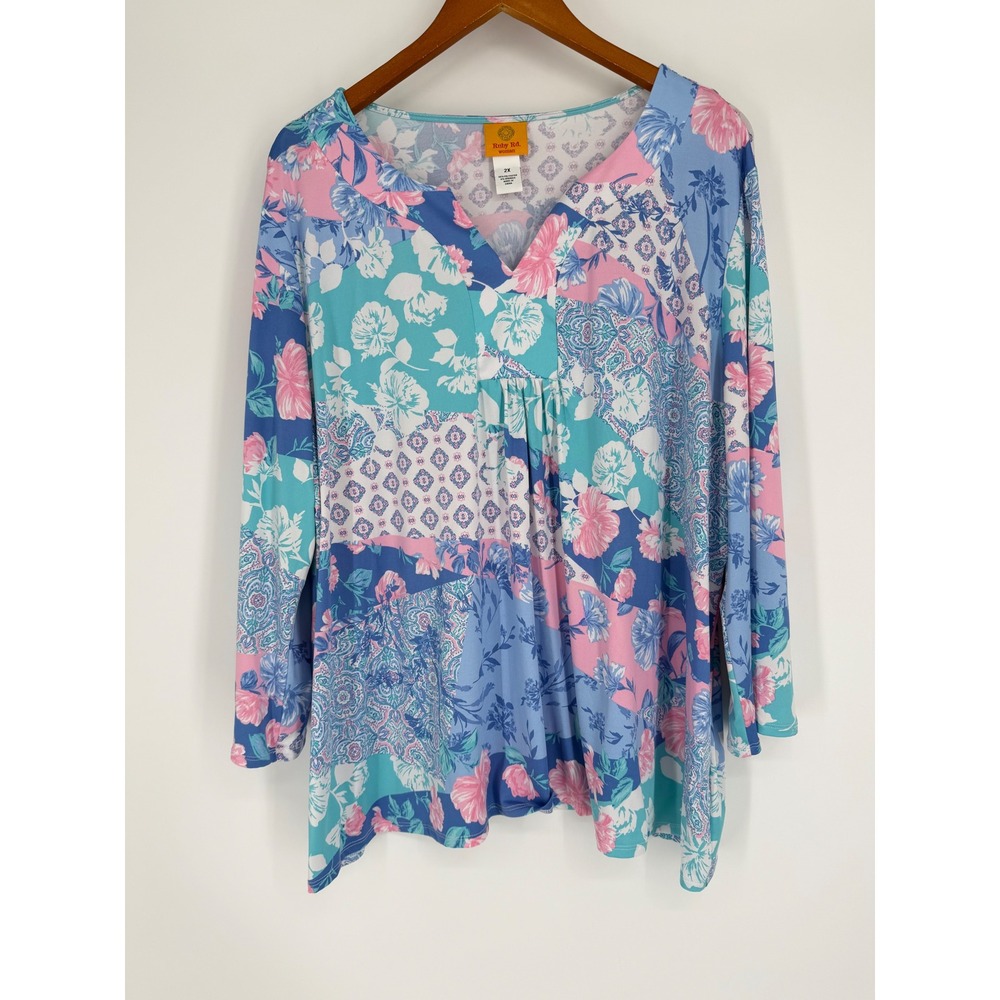 Ruby Rd. Woman Top 2X Floral Patchwork Boho Casual Flowy Coastal Cottagecore